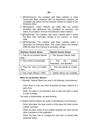 207
1. @PostConstruct: The container calls these methods on newly
constructed Bean instances after all dependency injections are
completed and before the first business method is invoked on the
Enterprise Bean.
2. @PreDestroy: These methods are called after any method
annotated with @Remove has completed its execution, and
before the container removes the Enterprise Bean instance.
3. @PostActivate: The container calls these methods after it moves
the Bean from secondary storage to the memory, i.e. Active
state.
4. @PrePassivate: The container calls these methods before it
passivates the Enterprise Bean. This means before the container
shifts the bean from memory to secondary storage.
Stateless Session Beans Stateful Session Beans
1. They do not possess Internal 1. They possess Internal state.
state.
2. They cannot be passivated. 2. They can undergo
Passivation and Activation.
3. They can serve for multiple 3. They are specific to a single
client. client.
4. They create Network Traffic. 4. Stateful Beans hurt scalability.
When to use Session Beans?
1. Generally Session Beans are used in the following circumstances:
When there is only one client accessing the bean instance at a
given time.
When the bean is not persistent, that is when the bean is going
to exist no longer.
The bean is implementing the web services.
2. Stateful Session Beans are useful in the following circumstances:
What information the bean wants to hold about the client across
method invocation.
When the bean works as the mediator between the client and the
other component of the application.
When the bean has to manage the work flow of several other
enterprise beans.
 