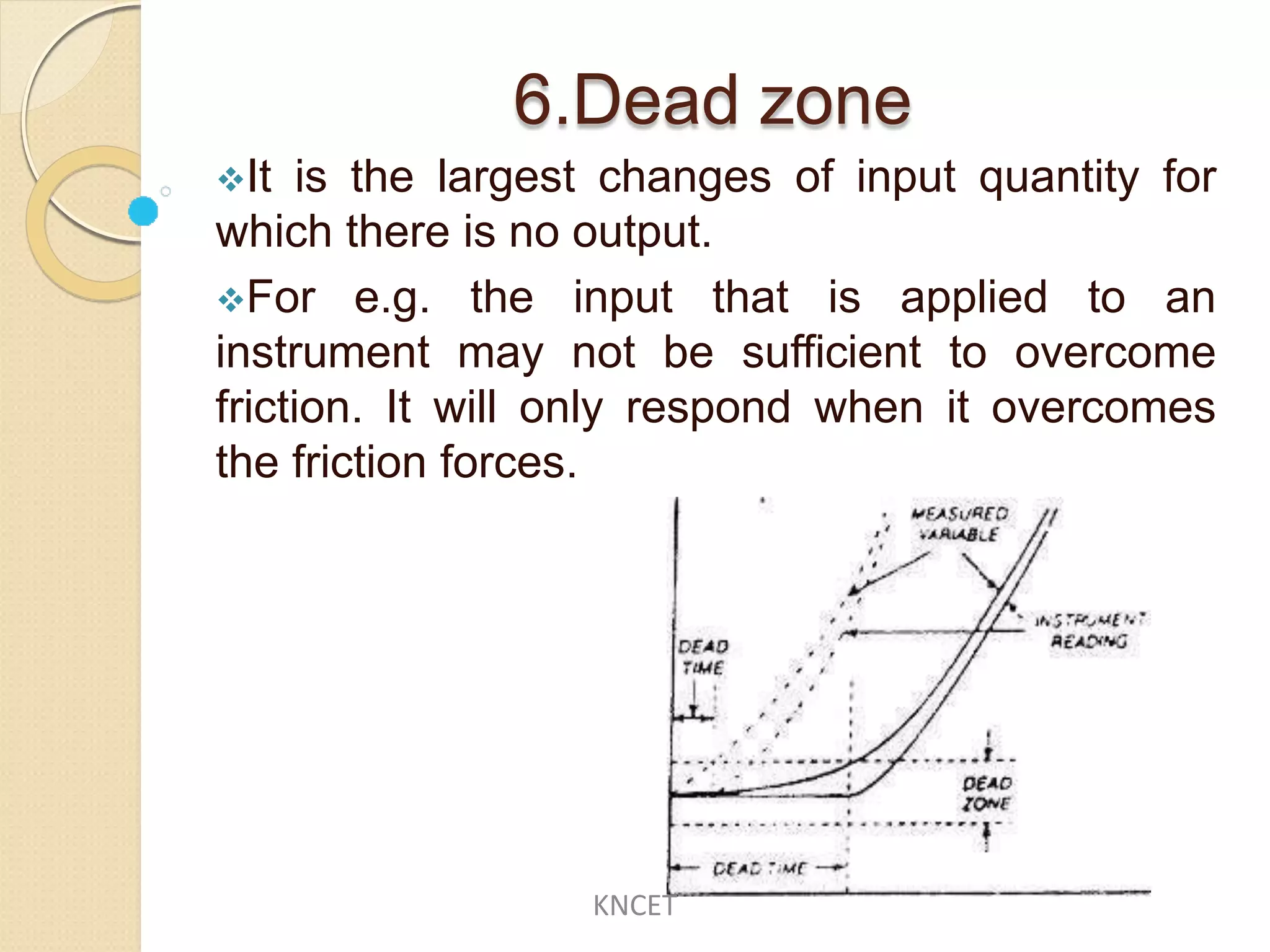 6.Dead zone
It is the largest changes of input quantity for
which there is no output.
For e.g. the input that is applied to an
instrument may not be sufficient to overcome
friction. It will only respond when it overcomes
the friction forces.
KNCET
 