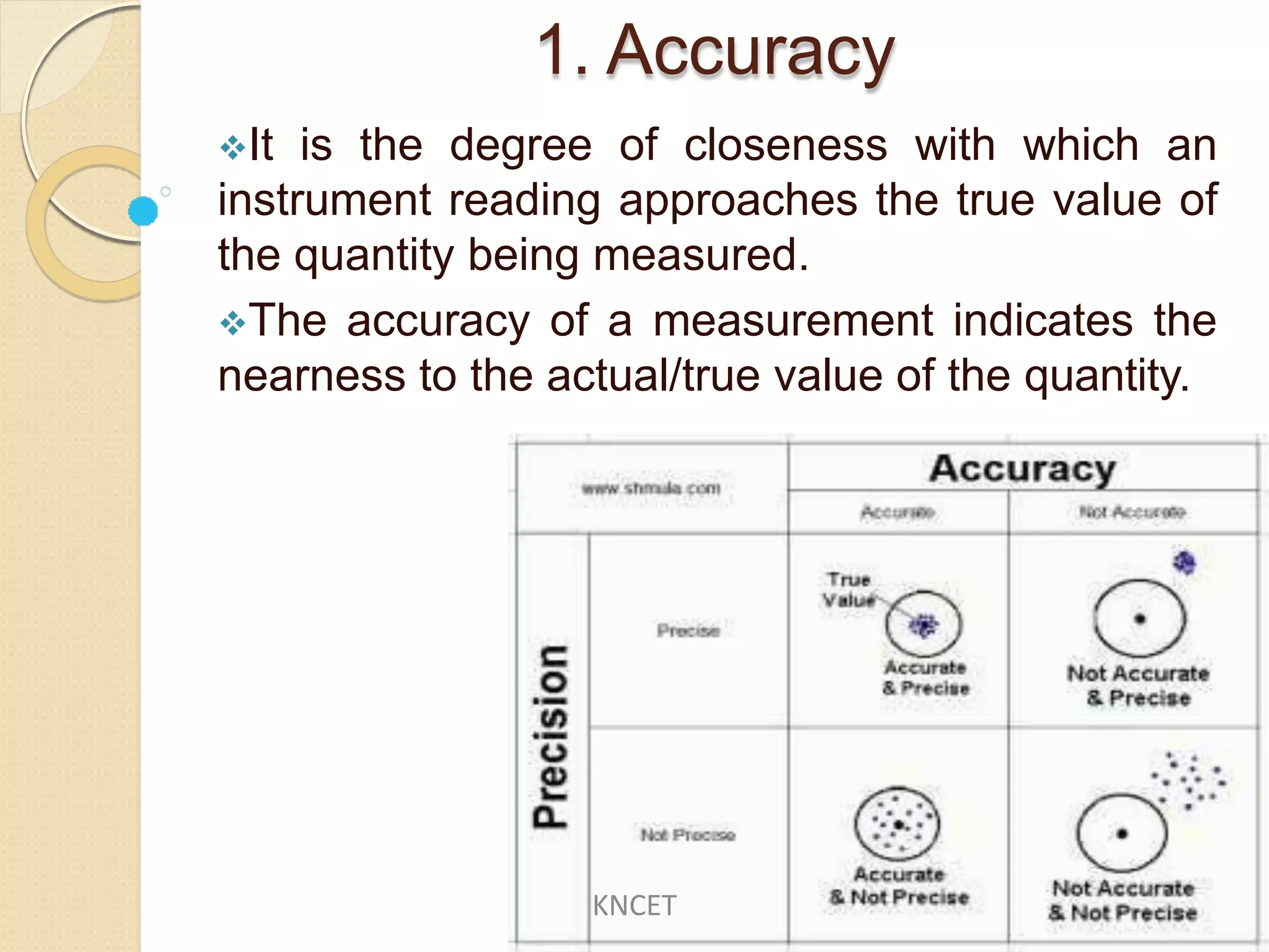 1. Accuracy
It is the degree of closeness with which an
instrument reading approaches the true value of
the quantity being measured.
The accuracy of a measurement indicates the
nearness to the actual/true value of the quantity.
KNCET
 