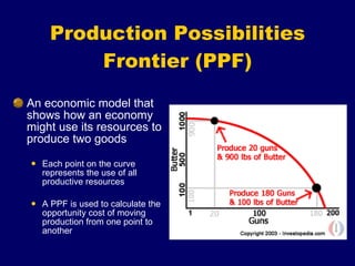 Production Possibilities Frontier (PPF) An economic model that shows how an economy might use its resources to produce two goods Each point on the curve represents the use of all productive resources A PPF is used to calculate the opportunity cost of moving production from one point to another 