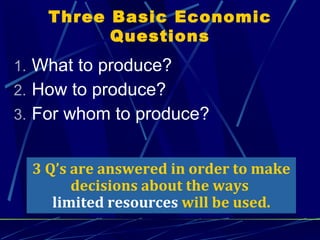 What to produce? How to produce? For whom to produce? Three Basic Economic Questions 3 Q’s are answered in order to make decisions about the ways  limited resources  will be used. 