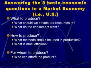 Answering the 3 basic economic questions in a Market Economy [i.e., U.S.] What to produce? What should we devote our resources to? What do the consumers want? How to produce? What methods should be used in production? What is most efficient? For whom to produce? Who can afford the product? 