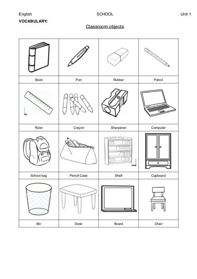 English SCHOOL Unit 1
VOCABULARY:
Classroom objects
Book Pen Rubber Pencil
Ruler Crayon Sharpener Computer
School bag Penc...