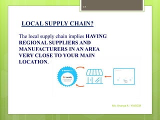 Ms. Ananya A - YIASCM
17
The local supply chain implies HAVING
REGIONAL SUPPLIERS AND
MANUFACTURERS IN AN AREA
VERY CLOSE TO YOUR MAIN
LOCATION.
LOCAL SUPPLY CHAIN?
 