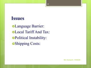 Issues
Language Barrier:
Local Tariff And Tax:
Political Instability:
Shipping Costs:
Ms. Ananya A - YIASCM
22
 