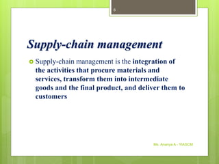 Supply-chain management
 Supply-chain management is the integration of
the activities that procure materials and
services, transform them into intermediate
goods and the final product, and deliver them to
customers
Ms. Ananya A - YIASCM
6
 
