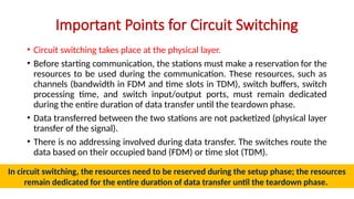 Important Points for Circuit Switching
• Circuit switching takes place at the physical layer.
• Before starting communication, the stations must make a reservation for the
resources to be used during the communication. These resources, such as
channels (bandwidth in FDM and time slots in TDM), switch buffers, switch
processing time, and switch input/output ports, must remain dedicated
during the entire duration of data transfer until the teardown phase.
• Data transferred between the two stations are not packetized (physical layer
transfer of the signal).
• There is no addressing involved during data transfer. The switches route the
data based on their occupied band (FDM) or time slot (TDM).
In circuit switching, the resources need to be reserved during the setup phase; the resources
remain dedicated for the entire duration of data transfer until the teardown phase.
 