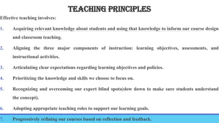 TEACHING PRINCIPLES
Effective teaching involves:
1. Acquiring relevant knowledge about students and using that knowledge to inform our course design
and classroom teaching.
2. Aligning the three major components of instruction: learning objectives, assessments, and
instructional activities.
3. Articulating clear expectations regarding learning objectives and policies.
4. Prioritizing the knowledge and skills we choose to focus on.
5. Recognizing and overcoming our expert blind spots(slow down to make sure students understand
the concept).
6. Adopting appropriate teaching roles to support our learning goals.
7. Progressively refining our courses based on reflection and feedback.
 