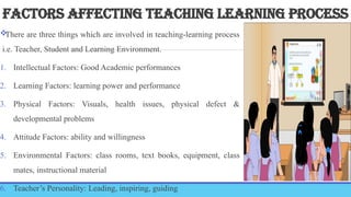 FACTORS AFFECTING TEACHING LEARNING PROCESS

There are three things which are involved in teaching-learning process
i.e. Teacher, Student and Learning Environment.
1. Intellectual Factors: Good Academic performances
2. Learning Factors: learning power and performance
3. Physical Factors: Visuals, health issues, physical defect &
developmental problems
4. Attitude Factors: ability and willingness
5. Environmental Factors: class rooms, text books, equipment, class
mates, instructional material
6. Teacher’s Personality: Leading, inspiring, guiding
 