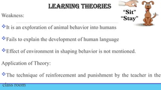 LEARNING THEORIES
Weakness:
It is an exploration of animal behavior into humans
Fails to explain the development of human language
Effect of environment in shaping behavior is not mentioned.
Application of Theory:
The technique of reinforcement and punishment by the teacher in the
class room
 