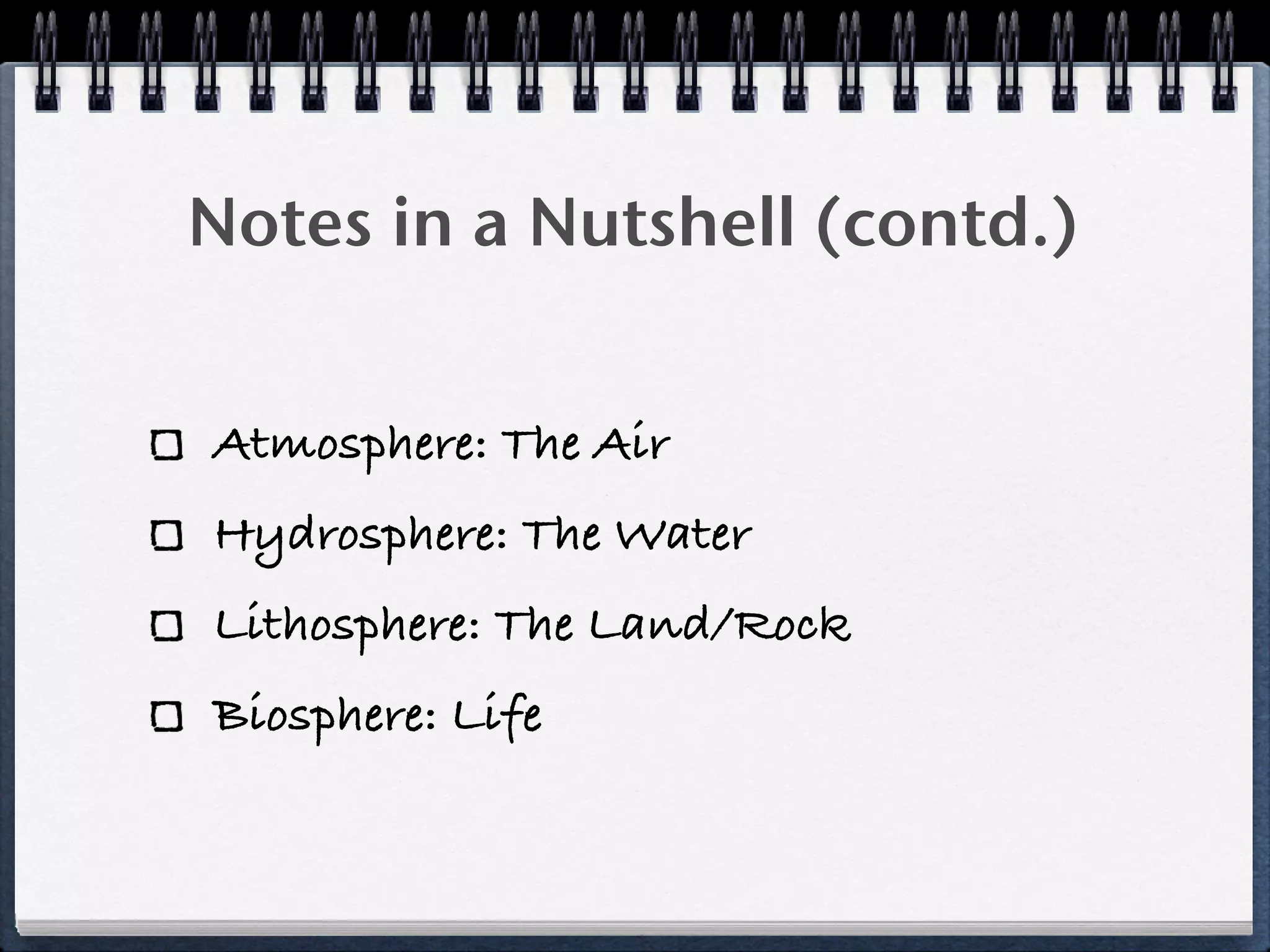 Notes in a Nutshell (contd.)


Atmosphere: The Air
Hydrosphere: The Water
Lithosphere: The Land/Rock
Biosphere: Life
 