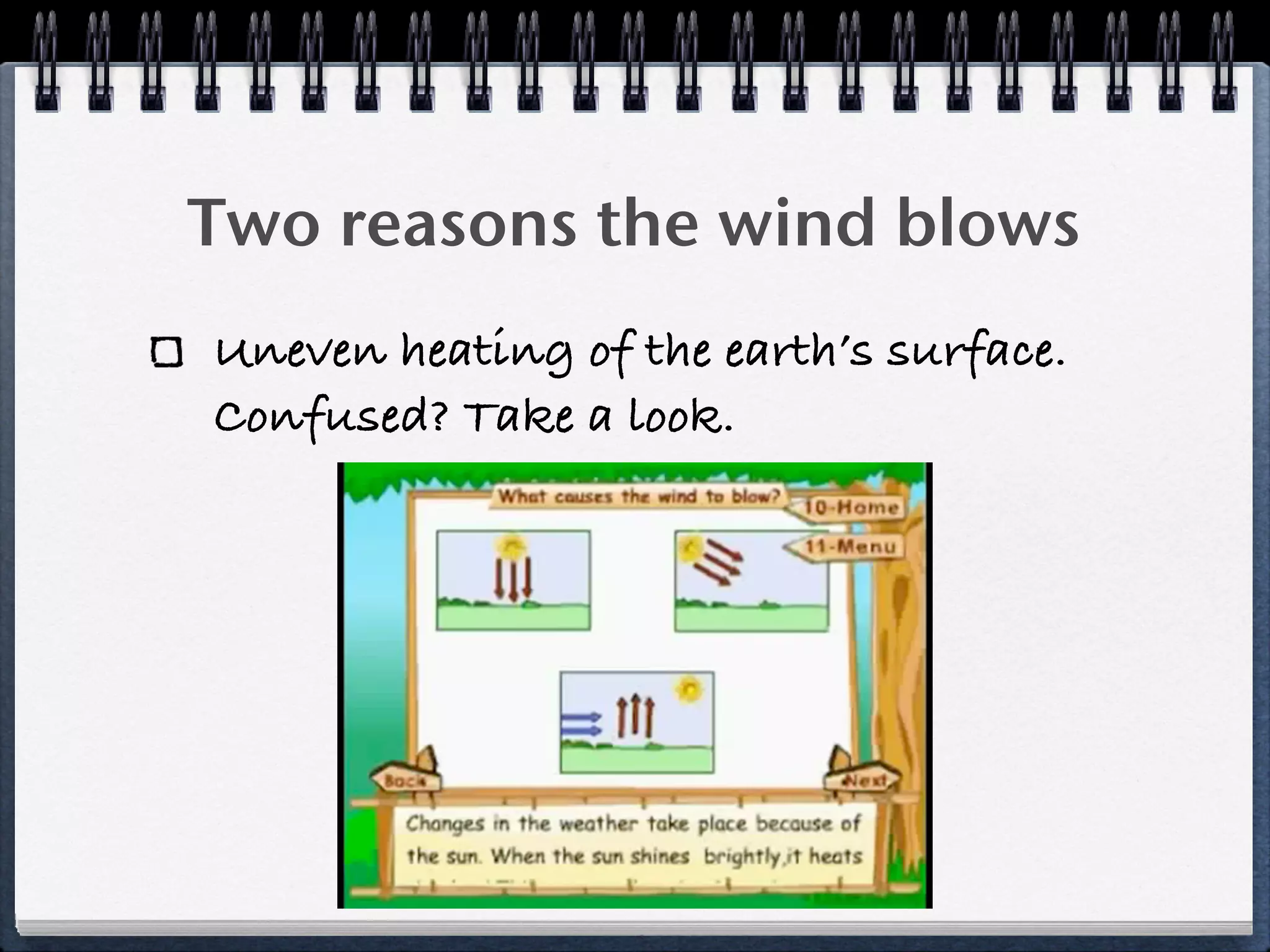 Two reasons the wind blows
Uneven heating of the earth’s surface.
Confused? Take a look.
 