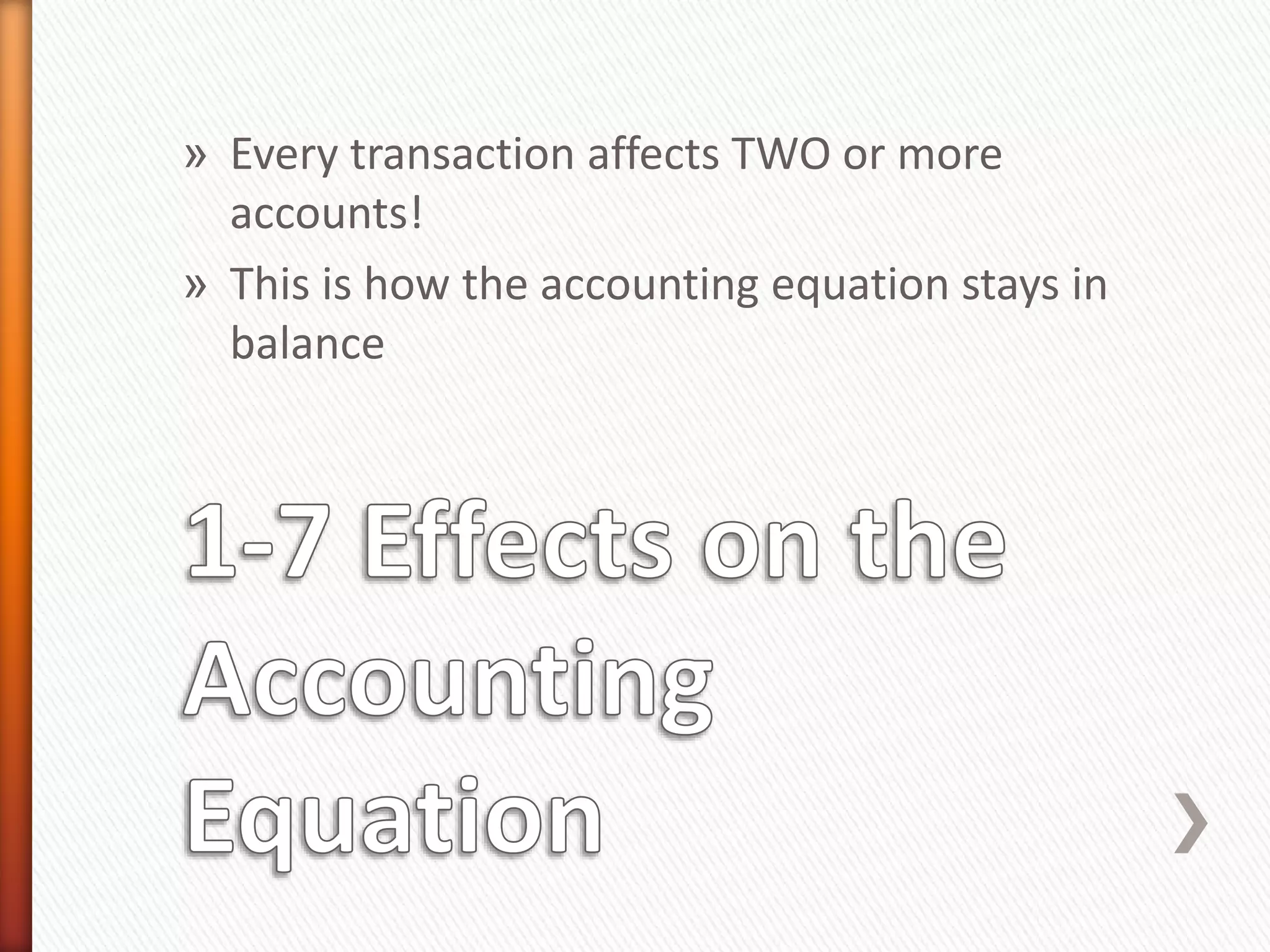 » Every transaction affects TWO or more
accounts!
» This is how the accounting equation stays in
balance
 