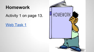 Homework 
Activity 1 on page 13. 
Web Task 1 
 