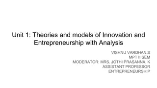 Unit 1: Theories and models of Innovation and
Entrepreneurship with Analysis
VISHNU VARDHAN.S
MPT II SEM
MODERATOR: MRS. JOTHI PRASANNA. K
ASSISTANT PROFESSOR
ENTREPRENEURSHIP
 