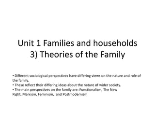 Unit 1 Families and households
3) Theories of the Family
• Different sociological perspectives have differing views on the nature and role of
the family.
• These reflect their differing ideas about the nature of wider society.
• The main perspectives on the family are: Functionalism, The New
Right, Marxism, Feminism, and Postmodernism
 