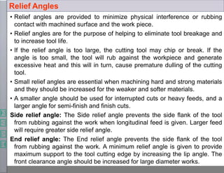 • Relief angles are provided to minimize physical interference or rubbing
contact with machined surface and the work piece.
• Relief angles are for the purpose of helping to eliminate tool breakage and
to increase tool life.
• If the relief angle is too large, the cutting tool may chip or break. If the
angle is too small, the tool will rub against the workpiece and generate
excessive heat and this will in turn, cause premature dulling of the cutting
tool.
• Small relief angles are essential when machining hard and strong materials
and they should be increased for the weaker and softer materials.
• A smaller angle should be used for interrupted cuts or heavy feeds, and a
larger angle for semi-finish and finish cuts.
Side relief angle: The Side relief angle prevents the side flank of the tool
from rubbing against the work when longitudinal feed is given. Larger feed
will require greater side relief angle.
End relief angle: The End relief angle prevents the side flank of the tool
from rubbing against the work. A minimum relief angle is given to provide
maximum support to the tool cutting edge by increasing the lip angle. The
front clearance angle should be increased for large diameter works.
Relief Angles
 