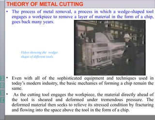 THEORY OF METAL CUTTING
• The process of metal removal, a process in which a wedge-shaped tool
engages a workpiece to remove a layer of material in the form of a chip,
goes back many years.
•
•
Even with all of the sophisticated equipment and techniques used in
today’s modern industry, the basic mechanics of forming a chip remain the
same.
As the cutting tool engages the workpiece, the material directly ahead of
the tool is sheared and deformed under tremendous pressure. The
deformed material then seeks to relieve its stressed condition by fracturing
and flowing into the space above the tool in the form of a chip.
Video showing the wedge-
shape of different tools.
 
