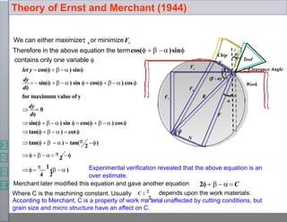 We can either maximize s or minimizeFc
Therefore in the above equation the termcos(   )sin
4 2
2
for maximum value of y
 


1
(   )
tan(    )  tan( )
     
2 
d
sin(    ) sin   cos(    ) cos
tan(    )  cot

dy
 0
d
dy
  sin(    ) sin   cos(    ) cos
contains only one variable .
let y  cos(    ) sin
Experimental verification revealed that the above equation is an
over estimate.
Merchant later modified this equation and gave another equation 2     C
Where C is the machining constant. Usually
According to Merchant, C is a property of work ma
2
terial unaffected by cutting conditions, but
grain size and micro structure have an affect on C.
C 

depends upon the work materials.
Theory of Ernst and Merchant (1944)
∅
Work
Tool
Chip
Clearance Angle
Ft
Fc
F
N
Fn
Fs
α
α
β
(β - α)
R
 