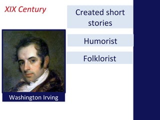 XIX Century 
Washington Irving 
Created short 
stories 
Humorist 
Folklorist 
 