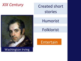XIX Century 
Washington Irving 
Created short 
stories 
Humorist 
Folklorist 
Entertain 
 