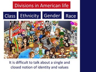 Divisions in American life 
Class Ethnicity Gender Race 
It is difficult to talk about a single and 
closed notion of identity and values 
 