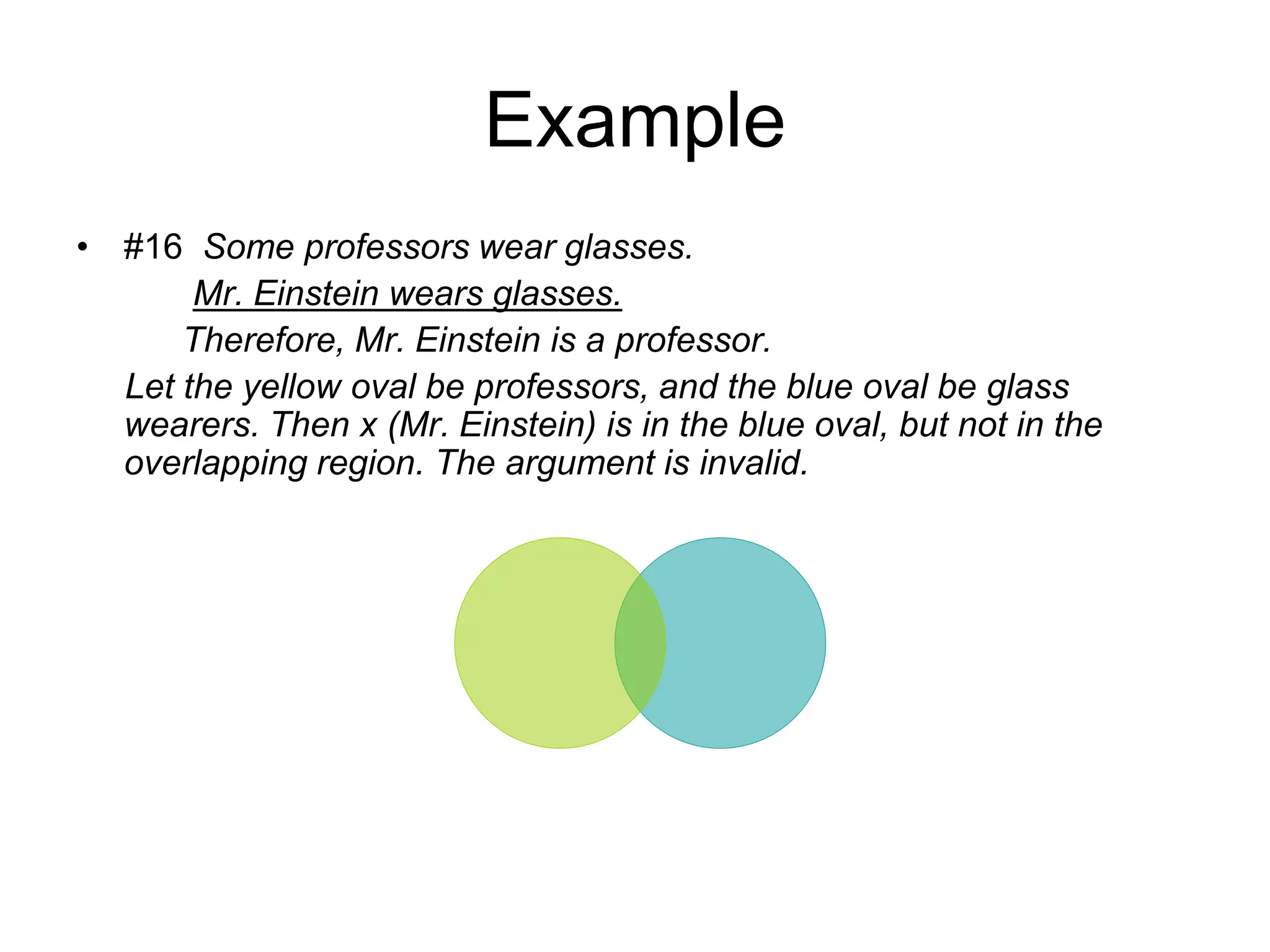 Example
• #16 Some professors wear glasses.
Mr. Einstein wears glasses.
Therefore, Mr. Einstein is a professor.
Let the yellow oval be professors, and the blue oval be glass
wearers. Then x (Mr. Einstein) is in the blue oval, but not in the
overlapping region. The argument is invalid.
 