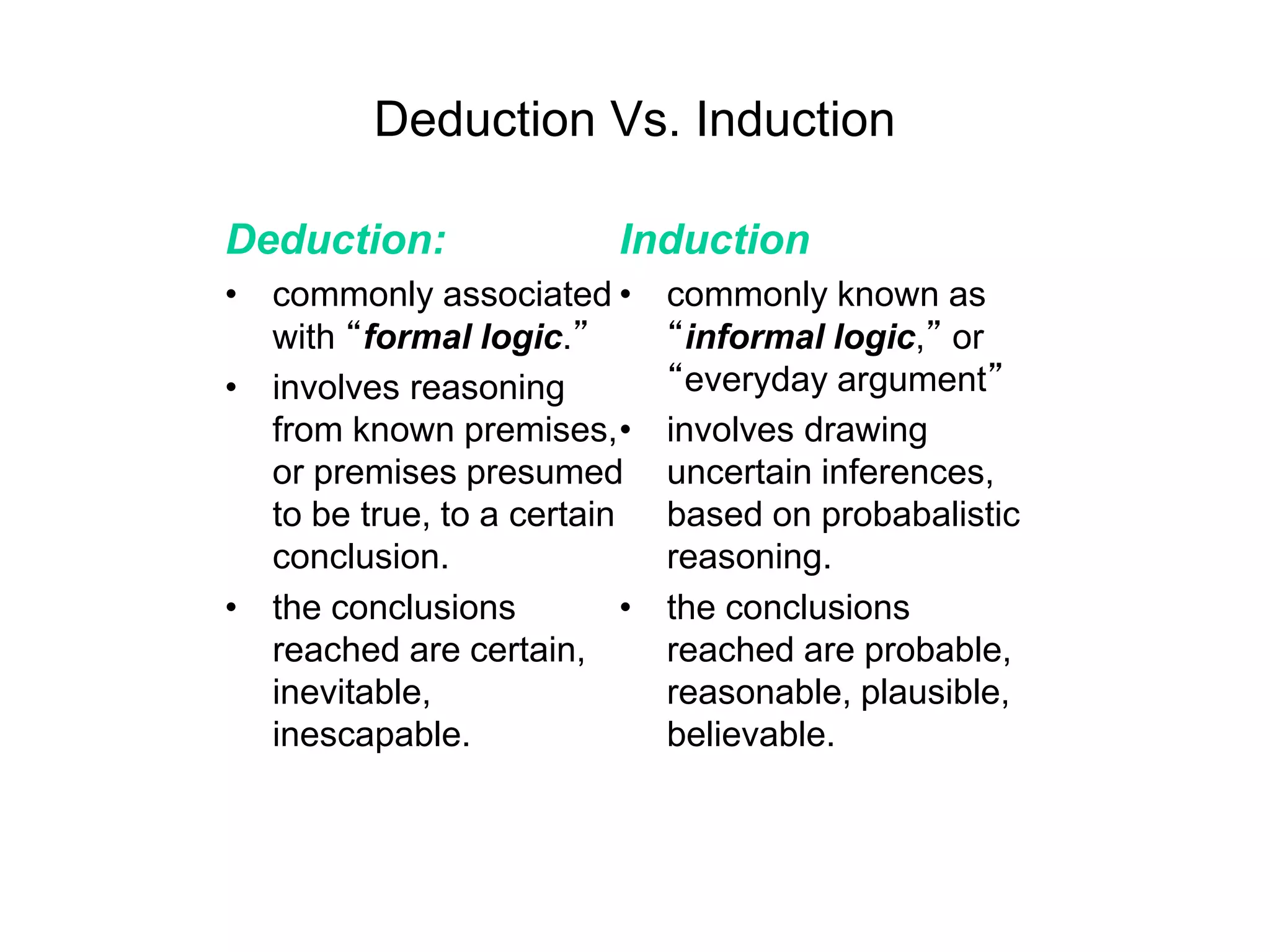 Deduction Vs. Induction
Deduction:
• commonly associated
with “formal logic.”
• involves reasoning
from known premises,
or premises presumed
to be true, to a certain
conclusion.
• the conclusions
reached are certain,
inevitable,
inescapable.
Induction
• commonly known as
“informal logic,” or
“everyday argument”
• involves drawing
uncertain inferences,
based on probabalistic
reasoning.
• the conclusions
reached are probable,
reasonable, plausible,
believable.
 