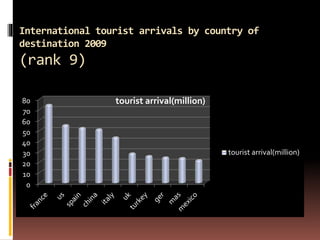 International tourist arrivals by country of
destination 2009
(rank 9)
0
10
20
30
40
50
60
70
80 tourist arrival(million)
tourist arrival(million)
 