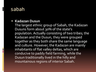sabah
 Kadazan Dusun
The largest ethnic group of Sabah, the Kadazan
Dusuns form about 30% of the state's
population. Actually consisting of two tribes; the
Kadazan and the Dusun, they were grouped
together as they both share the same language
and culture. However, the Kadazan are mainly
inhabitants of flat valley deltas, which are
conducive to paddy field farming, while the
Dusun traditionally lived in the hilly and
mountainous regions of interior Sabah.
 