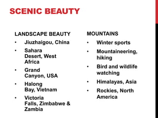 SCENIC BEAUTY
LANDSCAPE BEAUTY

MOUNTAINS

•

Jiuzhaigou, China

•

Winter sports

•

Sahara
Desert, West
Africa

•

Mountaineering,
hiking

•

Bird and wildlife
watching

•

Himalayas, Asia

•

Rockies, North
America

•

Grand
Canyon, USA

•

Halong
Bay, Vietnam

•

Victoria
Falls, Zimbabwe &
Zambia

 