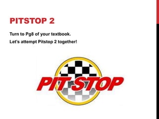 PITSTOP 2
Turn to Pg8 of your textbook.

Let’s attempt Pitstop 2 together!

 