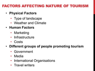 FACTORS AFFECTING NATURE OF TOURISM
• Physical Factors
• Type of landscape
• Weather and Climate
• Human Factors
• Marketing
• Infrastructure
• Costs
• Different groups of people promoting tourism
•
•
•
•

Government
Media
International Organisations
Travel writers

 