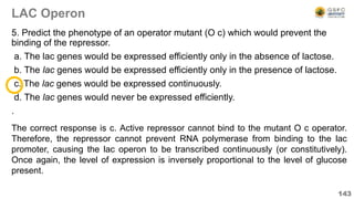LAC Operon
5. Predict the phenotype of an operator mutant (O c) which would prevent the
binding of the repressor.
a. The lac genes would be expressed efficiently only in the absence of lactose.
b. The lac genes would be expressed efficiently only in the presence of lactose.
c. The lac genes would be expressed continuously.
d. The lac genes would never be expressed efficiently.
.
143
The correct response is c. Active repressor cannot bind to the mutant O c operator.
Therefore, the repressor cannot prevent RNA polymerase from binding to the lac
promoter, causing the lac operon to be transcribed continuously (or constitutively).
Once again, the level of expression is inversely proportional to the level of glucose
present.
 