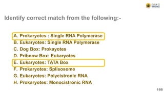 Identify correct match from the following:-
A. Prokaryotes : Single RNA Polymerase
B. Eukaryotes: Single RNA Polymerase
C. Dog Box: Prokayotes
D. Pribnow Box: Eukaryotes
E. Eukaryotes: TATA Box
F. Prokaryotes: Splisosome
G. Eukaryotes: Polycistronic RNA
H. Prokaryotes: Monocistronic RNA
166
 