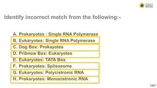 Identify incorrect match from the following:-
A. Prokaryotes : Single RNA Polymerase
B. Eukaryotes: Single RNA Polymerase
C. Dog Box: Prokayotes
D. Pribnow Box: Eukaryotes
E. Eukaryotes: TATA Box
F. Prokaryotes: Splisosome
G. Eukaryotes: Polycistronic RNA
H. Prokaryotes: Monocistronic RNA
167
 