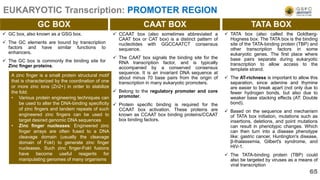  GC box, also known as a GSG box.
 The GC elements are bound by transcription
factors and have similar functions to
enhancers.
 The GC box is commonly the binding site for
Zinc finger proteins.
 CCAAT box (also sometimes abbreviated a
CAAT box or CAT box) is a distinct pattern of
nucleotides with GGCCAATCT consensus
sequence.
 The CAAT box signals the binding site for the
RNA transcription factor, and is typically
accompanied by a conserved consensus
sequence. It is an invariant DNA sequence at
about minus 70 base pairs from the origin of
transcription in many eukaryotic promoters.
 Belong to the regulatory promoter and core
promoter.
 Protein specific binding is required for the
CCAAT box activation. These proteins are
known as CCAAT box binding proteins/CCAAT
box binding factors.
EUKARYOTIC Transcription: PROMOTER REGION
GC BOX CAAT BOX TATA BOX
 TATA box (also called the Goldberg-
Hogness box: The TATA box is the binding
site of the TATA-binding protein (TBP) and
other transcription factors in some
eukaryotic genes. The first place where
base pairs separate during eukaryotic
transcription to allow access to the
template strand.
 The AT-richness is important to allow this
separation, since adenine and thymine
are easier to break apart (not only due to
fewer hydrogen bonds, but also due to
weaker base stacking effects (AT: Double
bond).
 Based on the sequence and mechanism
of TATA box initiation, mutations such as
insertions, deletions, and point mutations
can result in phenotypic changes. Which
can then turn into a disease phenotype
like: gastric cancer, Huntington's disease,
β-thalassemia, Gilbert's syndrome, and
HIV-1.
 The TATA-binding protein (TBP) could
also be targeted by viruses as a means of
viral transcription
A zinc finger is a small protein structural motif
that is characterized by the coordination of one
or more zinc ions (Zn2+) in order to stabilize
the fold.
• Various protein engineering techniques can
be used to alter the DNA-binding specificity
of zinc fingers and tandem repeats of such
engineered zinc fingers can be used to
target desired genomic DNA sequences
• Zinc finger nucleases: Engineered zinc
finger arrays are often fused to a DNA
cleavage domain (usually the cleavage
domain of FokI) to generate zinc finger
nucleases. Such zinc finger-FokI fusions
have become useful reagents for
manipulating genomes of many organisms
65
 