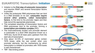 EUKARYOTIC Transcription: Initiation
67
 Initiation is the first step of eukaryotic transcription
and requires RNAP and several transcription factors
to proceed.
 Unlike the prokaryotic RNA polymerase that can bind
to a DNA template on its own, eukaryotes require
several other proteins, called transcription
factors, to first bind to the promoter region and then
help recruit the appropriate polymerase.
 The completed assembly of transcription factors and
RNA polymerase bind to the promoter, forming a
transcription pre-initiation complex (PIC).
 The most-extensively studied core promoter element
in eukaryotes is a short DNA sequence known as a
TATA box, found 25-30 base pairs upstream from the
start site of transcription.
 Only about 10-15% of mammalian genes contain
TATA boxes, while the rest contain other core
promoter elements, but the mechanisms by which
transcription is initiated at promoters with TATA boxes
is well characterized.
 TBP: Tata binding protein Transcription preinitiation complex
 