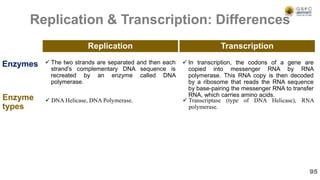  The two strands are separated and then each
strand's complementary DNA sequence is
recreated by an enzyme called DNA
polymerase.
 In transcription, the codons of a gene are
copied into messenger RNA by RNA
polymerase. This RNA copy is then decoded
by a ribosome that reads the RNA sequence
by base-pairing the messenger RNA to transfer
RNA, which carries amino acids.
Replication & Transcription: Differences
Enzymes
Replication Transcription
 DNA Helicase, DNA Polymerase.  Transcriptase (type of DNA Helicase), RNA
polymerase.
Enzyme
types
95
 