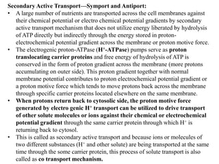 Secondary Active Transport—Symport and Antiport:
• A large number of nutrients are transported across the cell membranes against
their chemical potential or electro chemical potential gradients by secondary
active transport mechanism that does not utilize energy liberated by hydrolysis
of ATP directly but indirectly through the energy stored in proton-
electrochemical potential gradient across the membrane or proton motive force.
• The electrogenic proton-ATPase (H+-ATPase) pumps serve as proton
translocating carrier proteins and free energy of hydrolysis of ATP is
conserved in the form of proton gradient across the membrane (more protons
accumulating on outer side). This proton gradient together with normal
membrane potential contributes to proton electrochemical potential gradient or
a proton motive force which tends to move protons back across the membrane
through specific carrier proteins located elsewhere on the same membrane.
• When protons return back to cytosolic side, the proton motive force
generated by electro genic H+ transport can be utilized to drive transport
of other solute molecules or ions against their chemical or electrochemical
potential gradient through the same carrier protein through which H+ is
returning back to cytosol.
• This is called as secondary active transport and because ions or molecules of
two different substances (H+ and other solute) are being transported at the same
time through the some carrier protein, this process of solute transport is also
called as co transport mechanism.
 