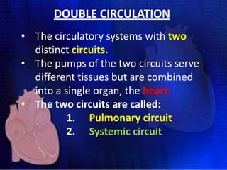DOUBLE CIRCULATION
• The circulatory systems with two
distinct circuits.
• The pumps of the two circuits serve
different tissues but are combined
into a single organ, the heart.
• The two circuits are called:
1. Pulmonary circuit
2. Systemic circuit

 