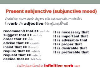 Present subjunctive (subjunctive mood)
It is necessary that
It is important that
It is advisable that
It is proper that
It is desirable that
It is preferable that
recommend that >> แนะนาว่า
suggest that >> แนะนาว่า
order that >> สั่งว่า
advise that >> แนะนาว่า
insist that >> ยืนกรานว่า
require that >> ขอร้องว่า
request that >> ขอร้องว่า
decide that >> ตัดสินใจว่า
เป็นประโยคประเภท แนะนา เชิญชวน ขอร้อง แสดงความต้องการ ตักเตือน
ซึ่ง verb หรือ adjective ที่จัดอยู่ในกลุ่มนี้ก็จะมี
คาหรือวลีเหล่านี้ตามด้วย infinitive verb เสมอ
 