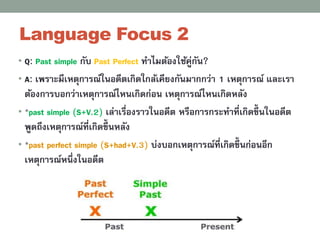 Language Focus 2
• Q: Past simple กับ Past Perfect ทำไมต้องใช้คู่กัน?
• A: เพรำะมีเหตุกำรณ์ในอดีตเกิดใกล้เคียงกันมำกกว่ำ 1 เหตุกำรณ์ และเรำ
ต้องกำรบอกว่ำเหตุกำรณ์ไหนเกิดก่อน เหตุกำรณ์ไหนเกิดหลัง
• *past simple (S+V.2) เล่ำเรื่องรำวในอดีต หรือกำรกระทำที่เกิดขึ้ นในอดีต
พูดถึงเหตุกำรณ์ที่เกิดขึ้ นหลัง
• *past perfect simple (S+had+V.3) บ่งบอกเหตุกำรณ์ที่เกิดขึ้ นก่อนอีก
เหตุกำรณ์หนึ่งในอดีต
 