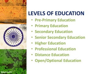 • Pre-Primary Education
• Primary Education
• Secondary Education
• Senior Secondary Education
• Higher Education
• Professional Education
• Distance Education
• Open/Optional Education
LEVELS OF EDUCATION
 