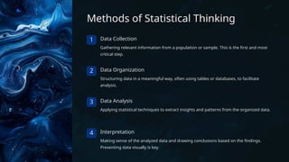 Methods of Statistical Thinking
1 Data Collection
Gathering relevant information from a population or sample. This is the first and most
critical step.
2 Data Organization
Structuring data in a meaningful way, often using tables or databases, to facilitate
analysis.
3 Data Analysis
Applying statistical techniques to extract insights and patterns from the organized data.
4 Interpretation
Making sense of the analyzed data and drawing conclusions based on the findings.
Presenting data visually is key.
 