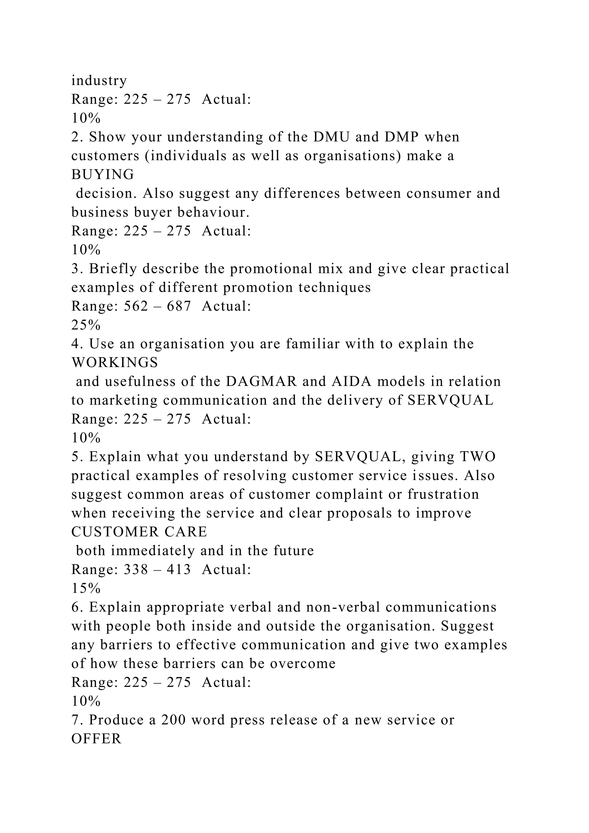 industry
Range: 225 – 275 Actual:
10%
2. Show your understanding of the DMU and DMP when
customers (individuals as well as organisations) make a
BUYING
decision. Also suggest any differences between consumer and
business buyer behaviour.
Range: 225 – 275 Actual:
10%
3. Briefly describe the promotional mix and give clear practical
examples of different promotion techniques
Range: 562 – 687 Actual:
25%
4. Use an organisation you are familiar with to explain the
WORKINGS
and usefulness of the DAGMAR and AIDA models in relation
to marketing communication and the delivery of SERVQUAL
Range: 225 – 275 Actual:
10%
5. Explain what you understand by SERVQUAL, giving TWO
practical examples of resolving customer service issues. Also
suggest common areas of customer complaint or frustration
when receiving the service and clear proposals to improve
CUSTOMER CARE
both immediately and in the future
Range: 338 – 413 Actual:
15%
6. Explain appropriate verbal and non-verbal communications
with people both inside and outside the organisation. Suggest
any barriers to effective communication and give two examples
of how these barriers can be overcome
Range: 225 – 275 Actual:
10%
7. Produce a 200 word press release of a new service or
OFFER
 