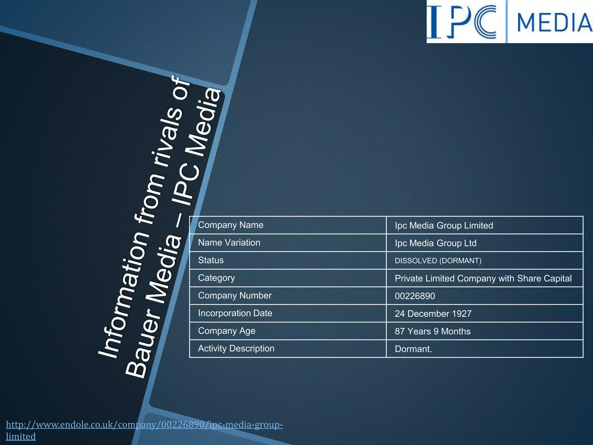 Company Name Ipc Media Group Limited
Name Variation Ipc Media Group Ltd
Status DISSOLVED (DORMANT)
Category Private Limited Company with Share Capital
Company Number 00226890
Incorporation Date 24 December 1927
Company Age 87 Years 9 Months
Activity Description Dormant.
http://www.endole.co.uk/company/00226890/ipc-media-group-
limited
 
