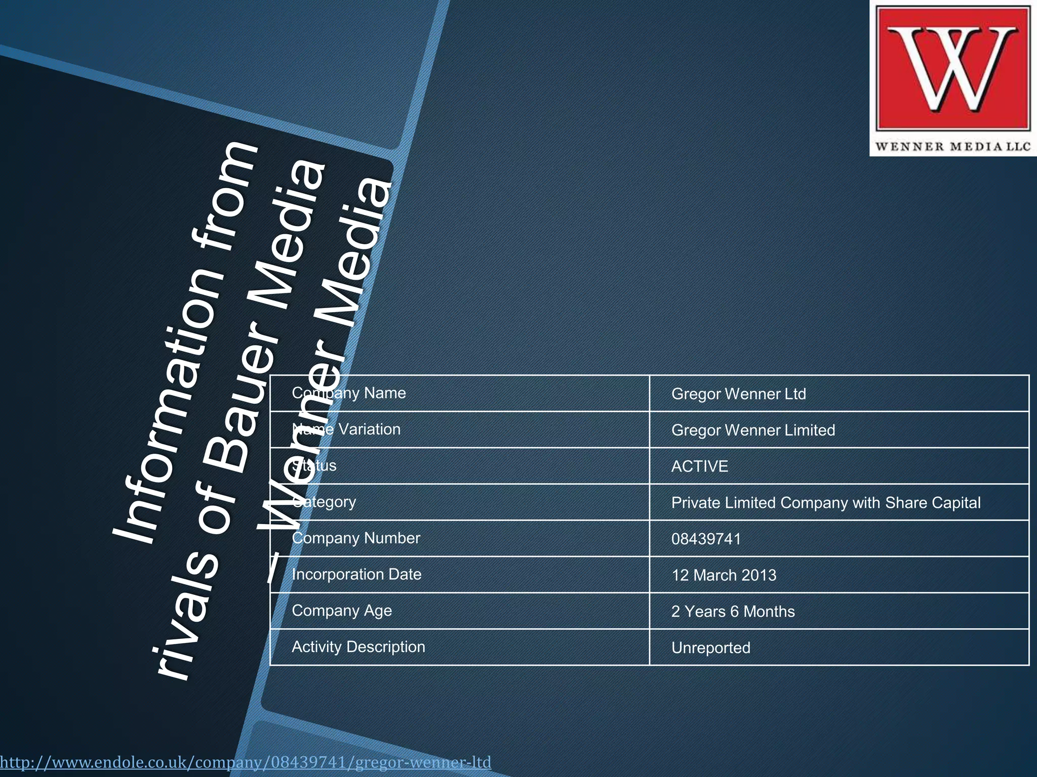 http://www.endole.co.uk/company/08439741/gregor-wenner-ltd
Company Name Gregor Wenner Ltd
Name Variation Gregor Wenner Limited
Status ACTIVE
Category Private Limited Company with Share Capital
Company Number 08439741
Incorporation Date 12 March 2013
Company Age 2 Years 6 Months
Activity Description Unreported
 