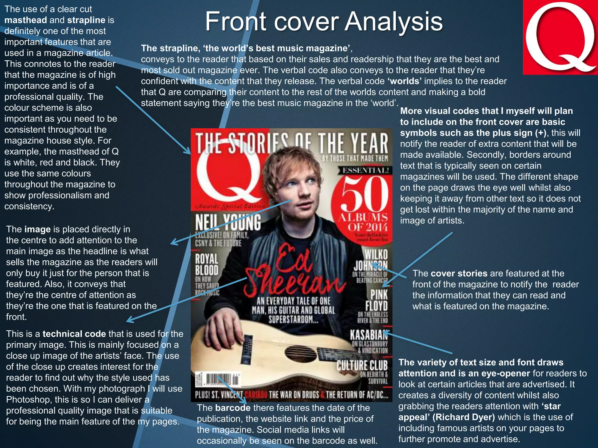 Front cover Analysis
The use of a clear cut
masthead and strapline is
definitely one of the most
important features that are
used in a magazine article.
This connotes to the reader
that the magazine is of high
importance and is of a
professional quality. The
colour scheme is also
important as you need to be
consistent throughout the
magazine house style. For
example, the masthead of Q
is white, red and black. They
use the same colours
throughout the magazine to
show professionalism and
consistency.
This is a technical code that is used for the
primary image. This is mainly focused on a
close up image of the artists’ face. The use
of the close up creates interest for the
reader to find out why the style used has
been chosen. With my photograph I will use
Photoshop, this is so I can deliver a
professional quality image that is suitable
for being the main feature of the my pages.
More visual codes that I myself will plan
to include on the front cover are basic
symbols such as the plus sign (+), this will
notify the reader of extra content that will be
made available. Secondly, borders around
text that is typically seen on certain
magazines will be used. The different shape
on the page draws the eye well whilst also
keeping it away from other text so it does not
get lost within the majority of the name and
image of artists.
The variety of text size and font draws
attention and is an eye-opener for readers to
look at certain articles that are advertised. It
creates a diversity of content whilst also
grabbing the readers attention with ‘star
appeal’ (Richard Dyer) which is the use of
including famous artists on your pages to
further promote and advertise.
The barcode there features the date of the
publication, the website link and the price of
the magazine. Social media links will
occasionally be seen on the barcode as well.
The image is placed directly in
the centre to add attention to the
main image as the headline is what
sells the magazine as the readers will
only buy it just for the person that is
featured. Also, it conveys that
they’re the centre of attention as
they’re the one that is featured on the
front.
The strapline, ‘the world’s best music magazine’,
conveys to the reader that based on their sales and readership that they are the best and
most sold out magazine ever. The verbal code also conveys to the reader that they’re
confident with the content that they release. The verbal code ‘worlds’ implies to the reader
that Q are comparing their content to the rest of the worlds content and making a bold
statement saying they’re the best music magazine in the ‘world’.
The cover stories are featured at the
front of the magazine to notify the reader
the information that they can read and
what is featured on the magazine.
 