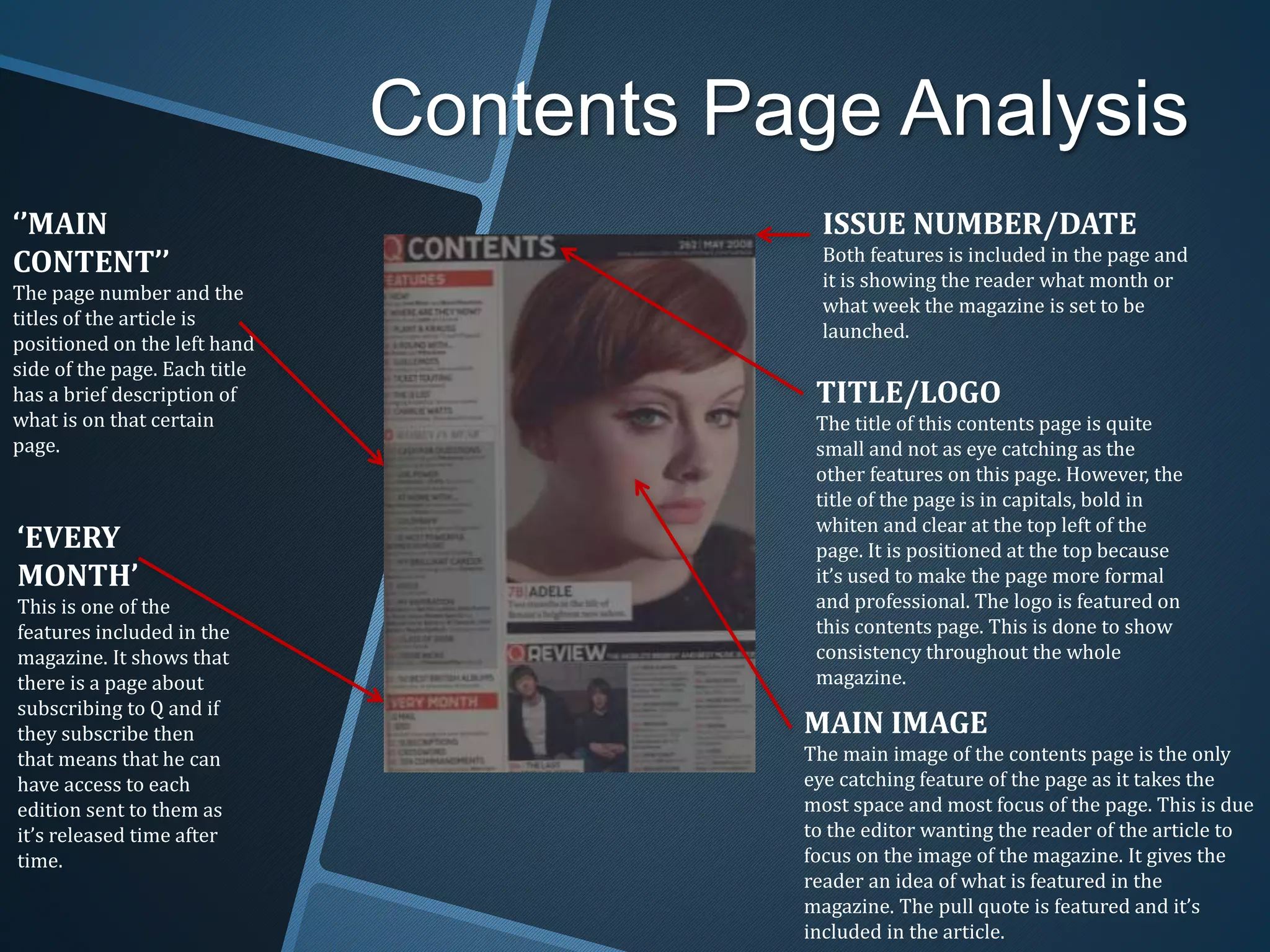 Contents Page Analysis
TITLE/LOGO
The title of this contents page is quite
small and not as eye catching as the
other features on this page. However, the
title of the page is in capitals, bold in
whiten and clear at the top left of the
page. It is positioned at the top because
it’s used to make the page more formal
and professional. The logo is featured on
this contents page. This is done to show
consistency throughout the whole
magazine.
ISSUE NUMBER/DATE
Both features is included in the page and
it is showing the reader what month or
what week the magazine is set to be
launched.
MAIN IMAGE
The main image of the contents page is the only
eye catching feature of the page as it takes the
most space and most focus of the page. This is due
to the editor wanting the reader of the article to
focus on the image of the magazine. It gives the
reader an idea of what is featured in the
magazine. The pull quote is featured and it’s
included in the article.
‘EVERY
MONTH’
This is one of the
features included in the
magazine. It shows that
there is a page about
subscribing to Q and if
they subscribe then
that means that he can
have access to each
edition sent to them as
it’s released time after
time.
‘’MAIN
CONTENT’’
The page number and the
titles of the article is
positioned on the left hand
side of the page. Each title
has a brief description of
what is on that certain
page.
 